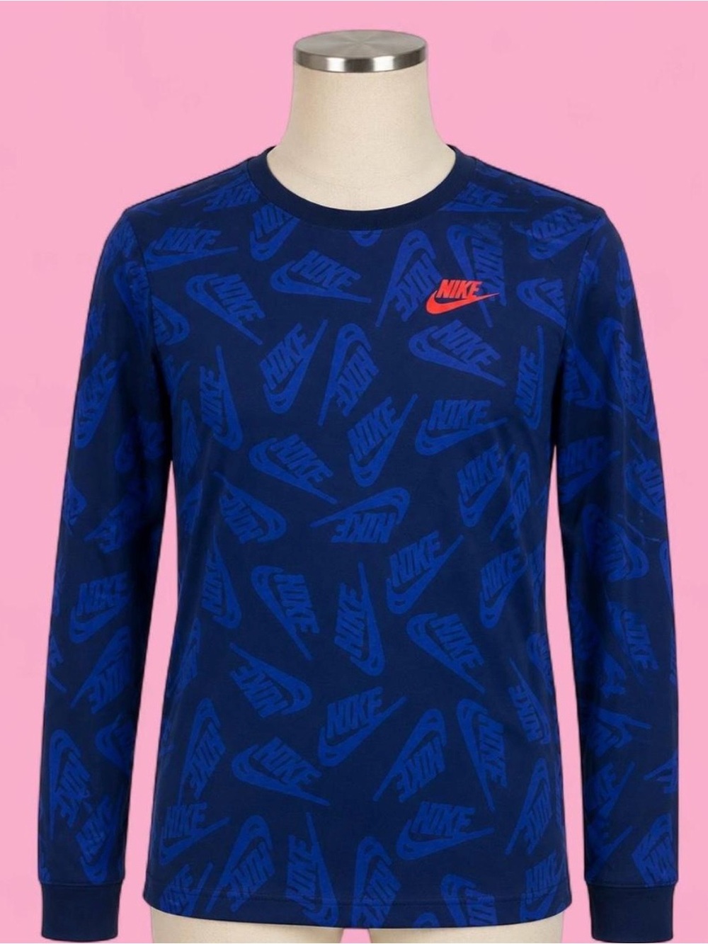 Nike Boys' Blue Logo Graphic Long-Sleeve Tee size Large